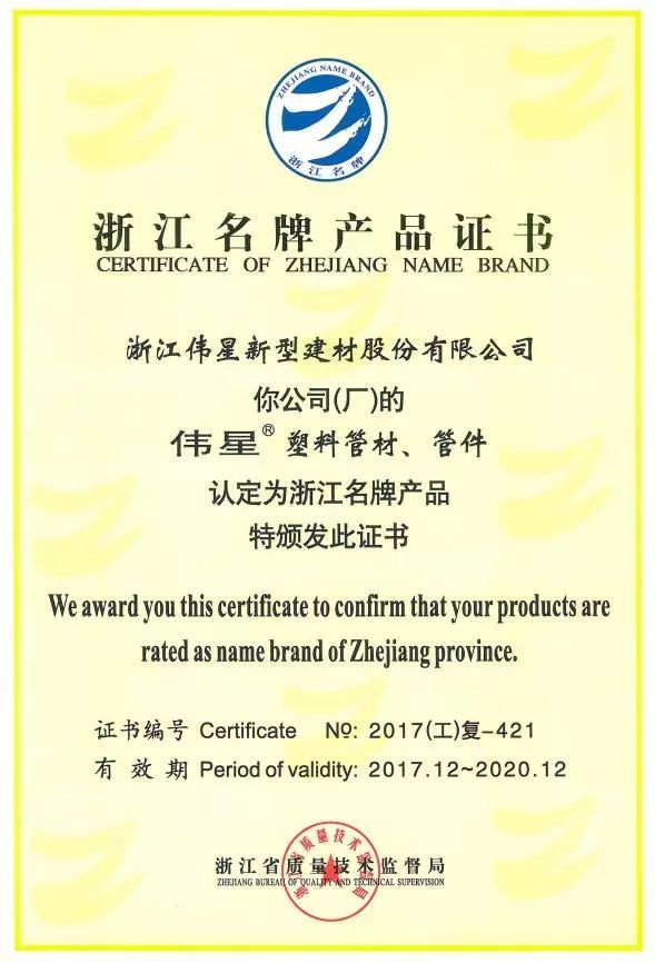 伟星新材开云体育 Kaiyun.com 官网入口管材、管件获“浙江名牌产品”(图1)